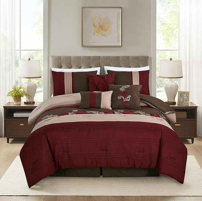 Chezmoi Collection Napa 7-Piece Luxury Leaves Scroll Embroidery Bedding Comforter Set (California King, Burgundy/Taupe/Brown)