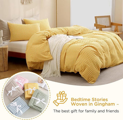 TOCOMOA Yellow Gingham Duvet Cover Bedding Set 100% Washed Cotton Like Linen Feel Super Soft Comfortable 3 Piece Vintage Plaid Checkered Comforter Cover Set (King 104"x90", Comforter Not Included)