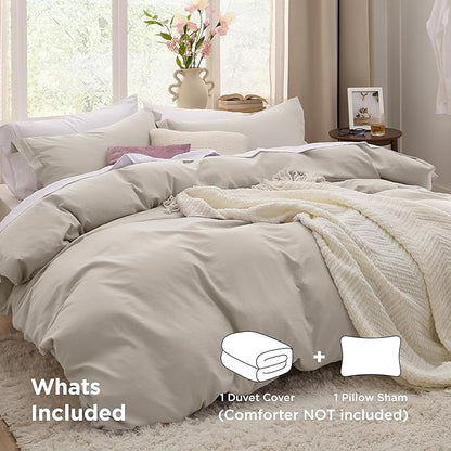Bedsure Duvet Cover Twin/Twin XL Size - 2 Pieces Prewashed Cotton-Like Extra Soft Bedding Set, Includes 1 Twin Duvet Cover 68x90 Inches with Zipper Closure & 1 Pillow Sham, Linen, No Comforter