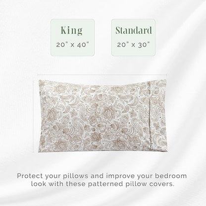 Elegant Comfort Ultra Soft Set of 2 Floral Print Pillowcases - 1500 Premium Hotel Quality Microfiber, Soft and Smooth Envelope Closure 2-Piece Pillow Covers - King, Paisley Taupe