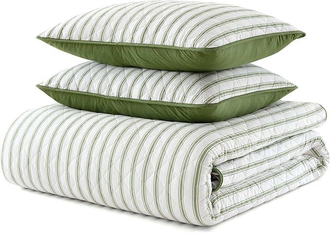 Martha Stewart - King Quilt Set, 100% Soft & Breathable Bedding with a Lightweight Feel for Year Round Comfort, 3 Piece Bed Set with Matching Pillowcases (Ticking Stripe Green)