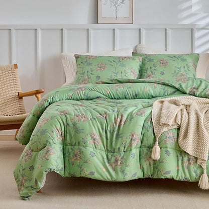 VM VOUGEMARKET Girls Green Floral Full Comforter Set Boho Soft Microfiber Bedding Comforter Set 1 Green Flower Comforter and 2 Pillowcases Chic Vintage Garden Botanical Comforter Set 80"x90"