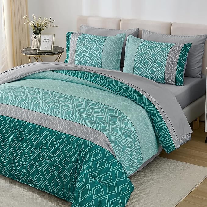 Dinjoy California King Comforter Set Size, Teal Cal King Bed in a Bag Boho Fall Bedding Sets 7 Pieces Striped Oversized Bed Set with Comforters, Sheets, Pillowcases & Shams for All Season