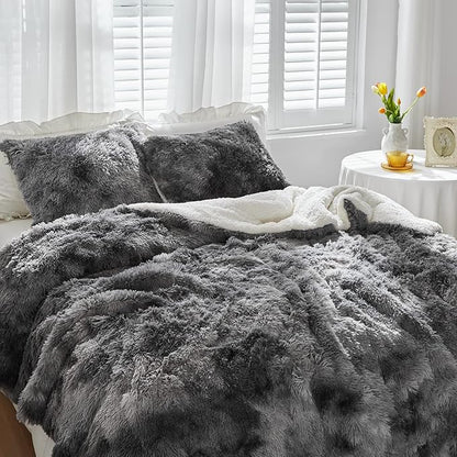 Luxury Faux Fur Shaggy Comforter Set King Size, Plush & Sherpa Reversible Comforter Tie Dye Black, 3 Pieces Fluffy Fuzzy Bedding Set Ultra Soft and Warm for Winter (1 Comforter + 2 Pillowcases)