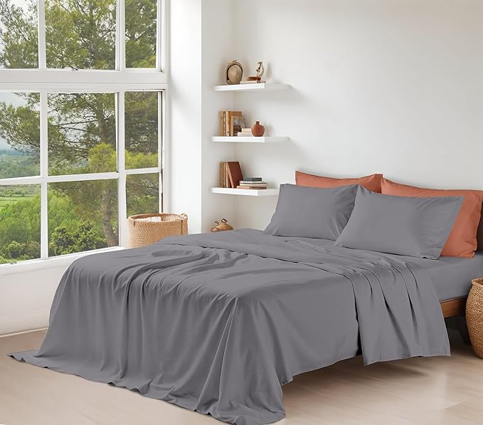 RUVANTI 100% Organic Cotton Sheets King Size, Percale Weave, GOTS Certified, 4-Piece Set, Deep Pocket 15", Crisp & Breathable, Soft Durable Bedding, Sábanas Algodón Orgánico – Silver Filigree