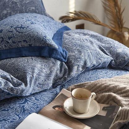 mixinni Muslin Cotton Vintage White Paisley Floral Duvet Cover King Size 3pcs Yarn Dyed Navy Blue Jacquard Weave Bedding Comforter Cover Soft Breathable Bedding Sets for All Season-King Size
