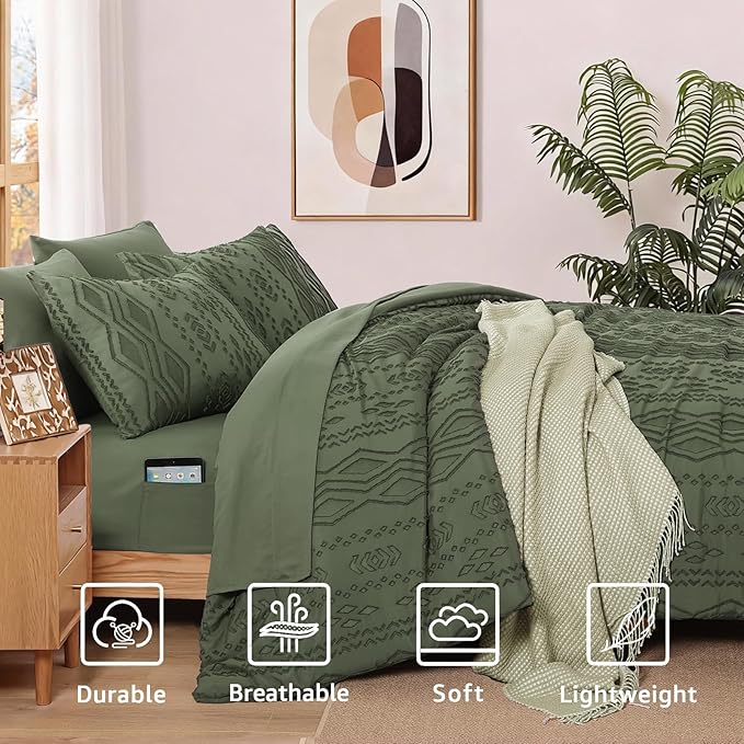 WRENSONGE Twin-XL Size Comforter Set with Sheets - 7 PiecesOlive Green Tufted Bed in a Bag Twin-XL Shabby Chic Bedding Sets with 1 Comforter, 2 Sheets, 2 Pillowcases & 2 Shams