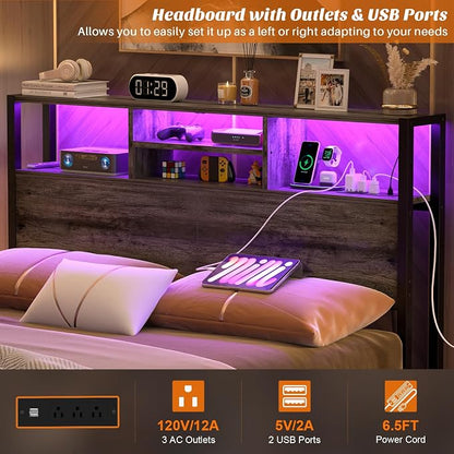 Aheaplus Headboard for Full Size Bed with Storage, Headboards with Outlets | Full Size Head Board Only, with USB Ports and LED Light, Height Adjustable, Reversible, Sturdy & Stable Headboard, Black Oak