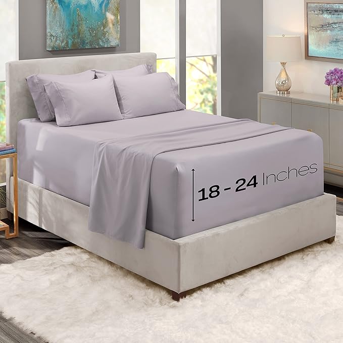 Hearth & Harbor Extra Deep Pocket King Size Sets - Fits Mattress 18-24 Inches Deep - Extra Deep Pocket Sheets - 6 Piece King Size - Light Lavender
