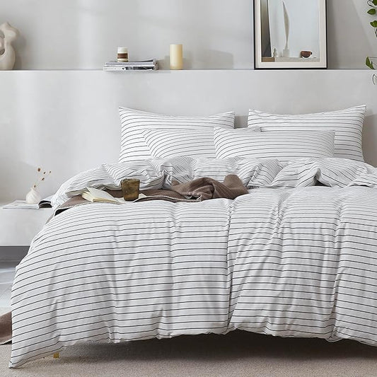 JELLYMONI 100% Natural Cotton 3pcs Striped Duvet Cover Sets, White Duvet Cover with Thin Black Stripes Pattern Printed Comforter Cover, with Zipper Closure & Corner Ties(Queen Size)