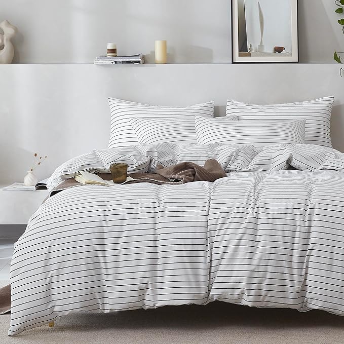 JELLYMONI 100% Natural Cotton 2pcs Striped Duvet Cover Sets, White Duvet Cover with Thin Black Stripes Pattern Printed Comforter Cover, with Zipper Closure & Corner Ties(Twin Size)