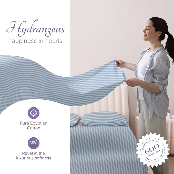 Carressa Linen Luxury Egyptian Cotton California King Stripe Sheet Set, 600 Thread Count Extra Long Staple 4 PC Set, Cal King Stripe Sheets, Soft, Cooling Striped Sheets 16 in Deep Pocket - Light Blue