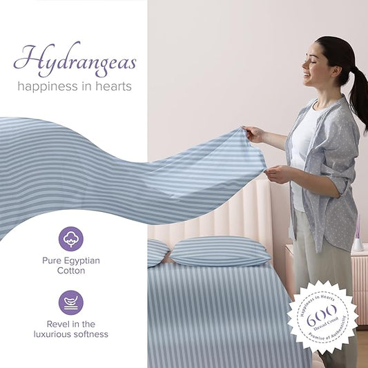 Carressa Linen Luxury Egyptian Cotton Full Stripe Sheet Set - 600 Thread Count Extra Long Staple 4 PC Set, Light Blue Full Damask Sheets, Soft, Cooling Sateen Weave Sheets Upto 18 in Deep Pocket