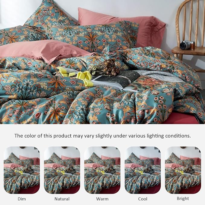 mixinni Vintage Style Garden Flower Duvet Cover Set with Zipper Closure Long Staple Percale Cotton Yellow Vibrant Pattern on Bedding Quilt Cover Set(King, All Season)