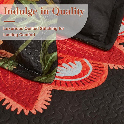 3 Piece Black Red Boho Floral Quilt Sets Full/Queen Farmhouse Reversible Lightweight Bedspread Coverlet with 2 Shams Vintage Mid Century Microfiber Bedding Quilts Set for All Season, 90''x96''
