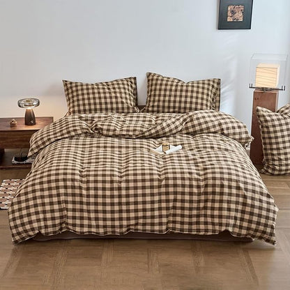 Checkered King Size Duvet Covers Tan Brown Washed Cotton King Comforter Cover Boho Gingham Cute Rustic Duvet Cover Set with Hidden Zipper Vintage Buffalo Plaid Bedding Set Soft Duvet Protector