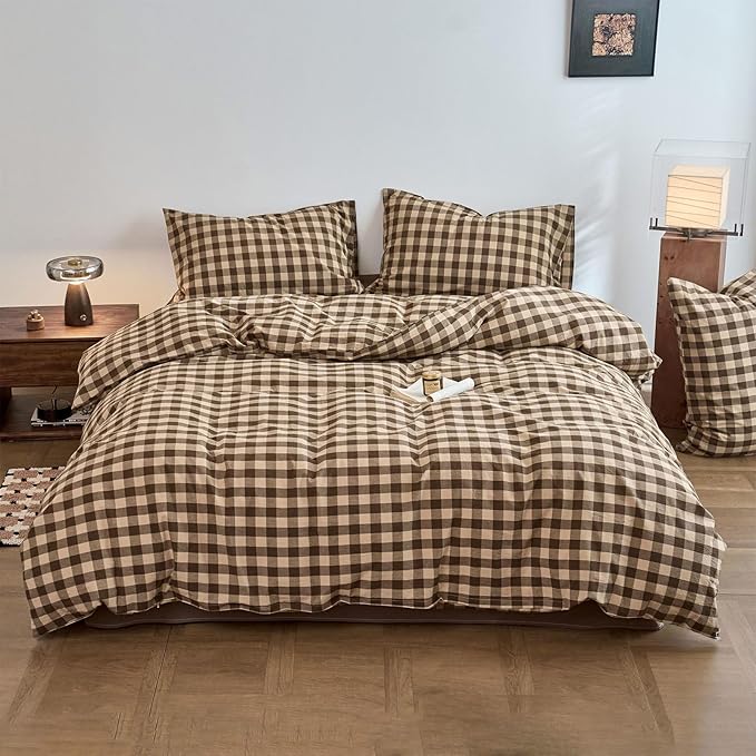 Checkered Twin XL Duvet Cover Tan Brown Washed Cotton Comforter Cover Twin XL Boho Gingham Cute Rustic Duvet Cover Set with Hidden Zipper Vintage Buffalo Plaid Bedding Set Soft Duvet Protector