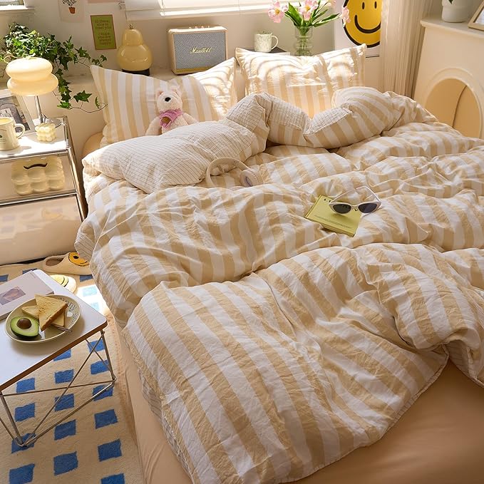 Salmon Pink Striped Duvet Covers Full Hotel Pattern Comforter Cover Full Size Boho Cute Dorm Cozy Duvet Cover Set with 2 Pillow Cases Neutral Teen Girl Bedding Washed Microfiber Duvet Protector