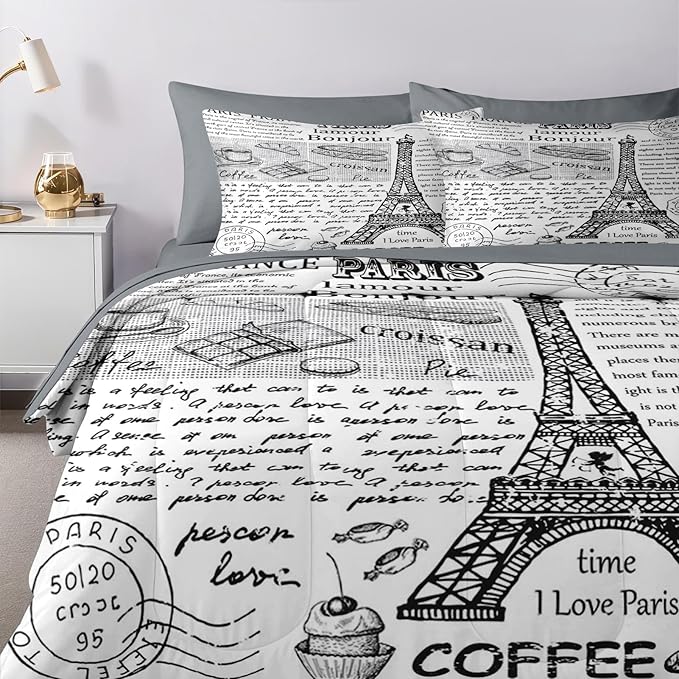 Nesker Comforter Set Queen Size, Retro Eiffel Tower Paris 7 Pcs Bedding for Kids and Adults, Vintage French Cafe Bed Sheet Sets with Fitted Sheet 2 Pillowcases & 2 Shams