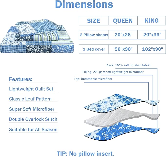 Cmfshape Summer Floral King Quilted Bedspread,Romantic Pink Quilt Set,Reversible Stitched Bedding Cover All Season,Soft Lightweight Coverlet with Pillow Cases (Blue&White, King(102"x90"))