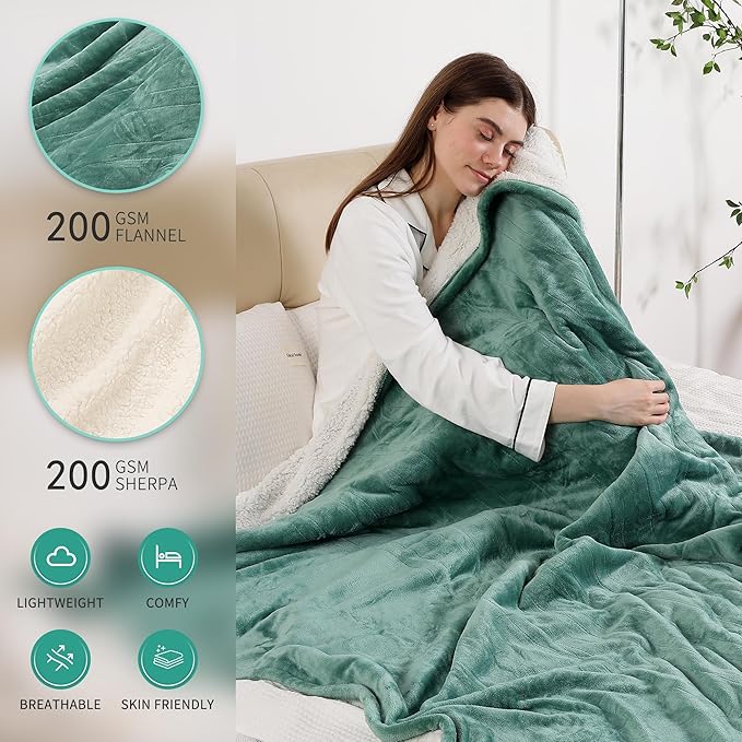 ESTINGO Full Electric Blanket, Heated Electric Blanket with Flannel and Sherpa, Washable Plush Heated Blanket with 6 Heating Levels & 1-10 Hours Auto Off, 72" x 84", Forest Green