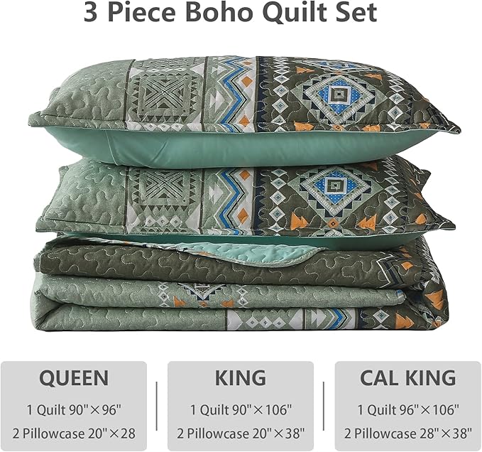 WONGS BEDDING Boho Quilt Set California King,3 Piece Olive Green Oversize Fall Bedspread Coverlet Set with Geometry Printed for All Season, Lightweight Oversized Bohemian Bedding Set 106"×96"