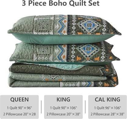 WONGS BEDDING Boho Quilt Set California King,3 Piece Olive Green Oversize Fall Bedspread Coverlet Set with Geometry Printed for All Season, Lightweight Oversized Bohemian Bedding Set 106"×96"