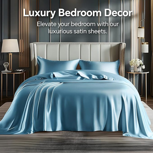 BEDELITE Satin Sheets Twin XL Size Bed Set, Luxury Soft Airy Blue Sheets for Hair and Skin, Similar to Silk Bed Sheets Set 3 Pieces with 1 Deep Pocket Fitted Sheet, 1 Flat Sheet, and 1 Pillowcase