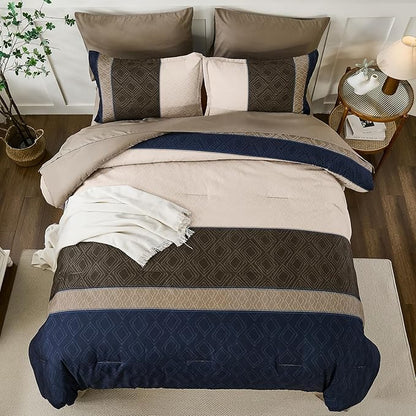 Dinjoy Navy Brown King Size Comforter Set,Striped Boho Bed in a Bag King 7 Pieces Soft Fall Bedding Comforters Sets wiht Sheets Microfiber Complete Bed Sets for All Season