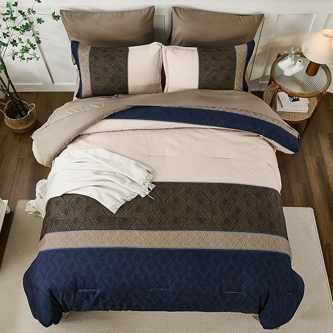 Dinjoy Boho Queen Comforter Set Navy Brown,7 Piece Bed in a Bag Queen Size Warm Striped Dark Blue Bedding Sets Plaid Fall Comforters Set with Sheets for Family All Season