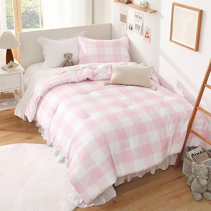 Andency Pink Checkered Comforter Twin(66x90Inch), Plaid Gingham Buffalo Plaid Grid Bedding Sets for Girls Kids Women Kids Teens, 2 Pieces Lightweight Polyester Geometric Preppy Bed Set