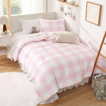 Andency Pink Checkered Comforter Twin(66x90Inch), Plaid Gingham Buffalo Plaid Grid Bedding Sets for Girls Kids Women Kids Teens, 2 Pieces Lightweight Polyester Geometric Preppy Bed Set