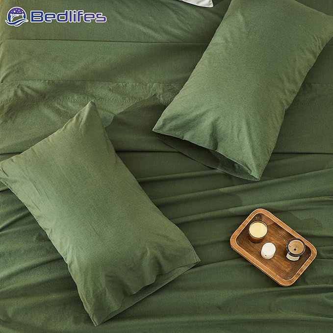 Bedlifes 100% French Pure Linen Sheets King Size Breathable and Cooling Flax Sheet Set Soft Durable and Moisture Wicking 16 Inch Deep Pocket-4 Piece(King,Forest Green)