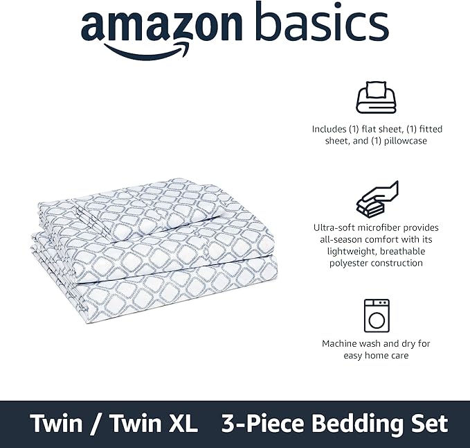 Amazon Basics Lightweight Microfiber 3-Piece Bed Sheet Set, Twin XL, Aqua, Printed