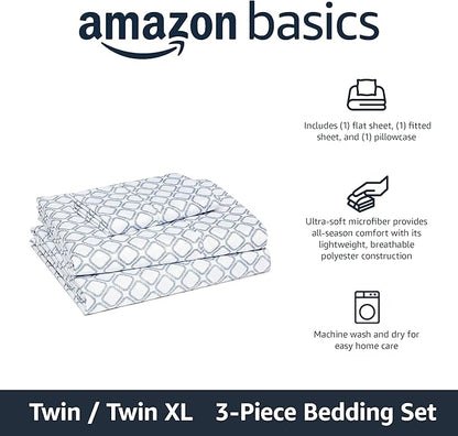 Amazon Basics Lightweight Microfiber 3-Piece Bed Sheet Set, Twin XL, Aqua, Printed