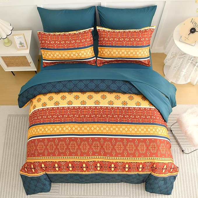 WONGS BEDDING Boho Comforter Set King Size,7 Pieces Bed in a Bag Bohemian Striped Bedding Set,Burnt Orange Paisley Floral Comfortet and Sheet Set,Soft Microfiber Bedding Sets for All Season