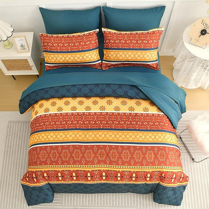 WONGS BEDDING Boho Comforter Set Queen Size,7 Pieces Bed in a Bag Bohemian Striped Bedding Set,Burnt Orange Paisley Floral Comfortet and Sheet Set,Soft Microfiber Bedding Sets for All Season