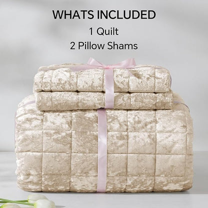 BEDELITE Velvet Quilt Set King Size - Luxury Velvet Comforter Bedding Set 3 Pieces, Lightweight Soft Cozy Shiny Urban Taupe Oversized Bedspread Coverlet for All Seasons with 2 Pillow Shams