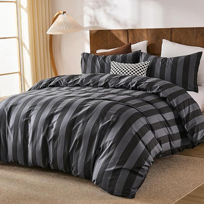 Merryword Black and Gray Striped Duvet Cover Set King Size - 100% Cotton Bedding Set with Zipper & Corner Ties, 3-Piece Luxury Linen Like Bedding Set for All Seasons