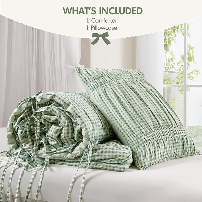 Intelligent Design Ella Twin Comforter Set – Ruched Gingham Shabby Chic Bedding, Bow-Tie Detail, All Season Lightweight 3 Piece Bedding Set, Sham, Twin/Twin XL, Green