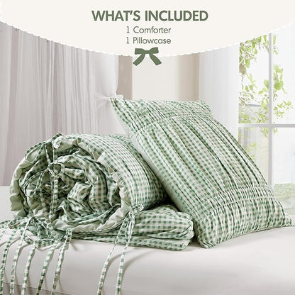 Intelligent Design Ella Twin Comforter Set – Ruched Gingham Shabby Chic Bedding, Bow-Tie Detail, All Season Lightweight 3 Piece Bedding Set, Sham, Twin/Twin XL, Green