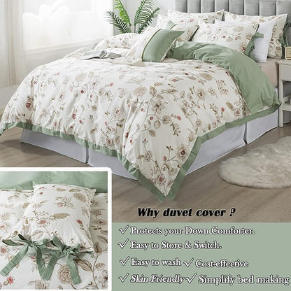 FADFAY Floral Bedding Set Full 100% Cotton Shabby and Chic Beige Green Reversible Duvet Cover Vintage Pink Flower Print Bed Covers Luxury Girls Pretty Bowknot Soft Crisp Zipper Comforter Cover 3Pcs