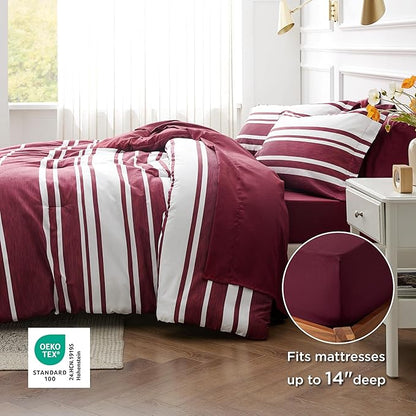 Bedsure Full Comforter Set 7 Pieces, Burgundy Striped Bedding Set for All Seasons, Reversible, Cationic Dyeing Bed in a Bag with Comforter, Sheets, Pillowcases & Shams