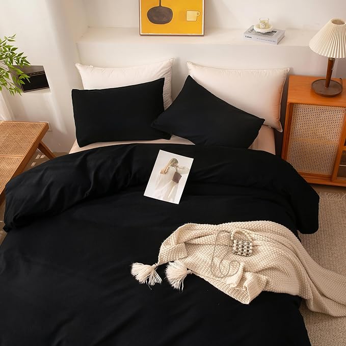 ECOCOTT 3 Pieces Duvet Cover King Size 100% Washed Cotton 1 Duvet Cover with Zipper and 2 Pillowcases, Ultra Soft and Easy Care Breathable Cozy Simple Style Bedding Set (Black,King)