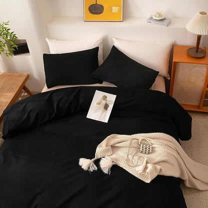 ECOCOTT 3 Pieces Duvet Cover King Size 100% Washed Cotton 1 Duvet Cover with Zipper and 2 Pillowcases, Ultra Soft and Easy Care Breathable Cozy Simple Style Bedding Set (Black,King)