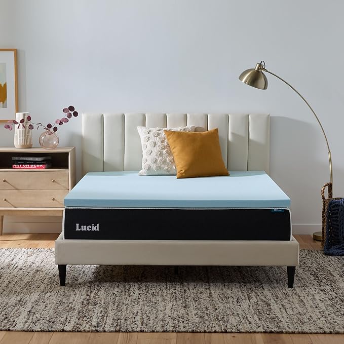 Lucid 2 Inch Memory Foam Mattress Topper, Queen Size – Cooling Gel Bed Topper – Pressure-Relieving Plush Feel – Ventilated Breathable Design – CertiPur Certified - Dorm Essentials