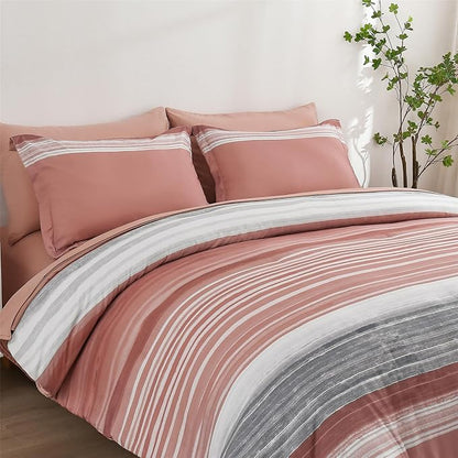 KAKIJUMN 7 Piece Bed in a Bag Stripe Comforter Set King Size, White Grey Blush Pink Patchwork Striped Comforter and Sheet Set, All Season Soft Microfiber Complete Bedding Sets(Pink,King)