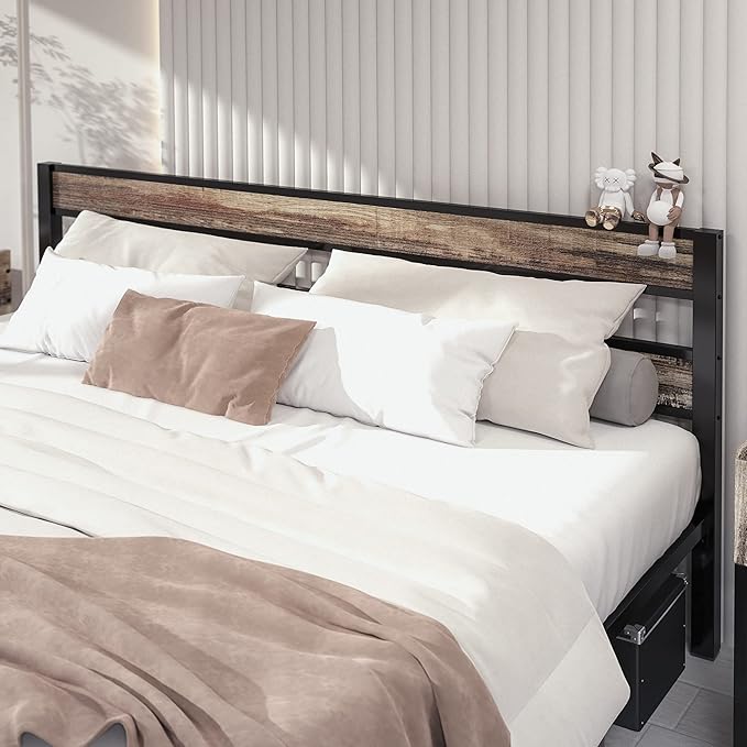 LIKIMIO California King Bed Frame wtih Headboard, Easy Assembly, Noise-Free, No Box Spring Needed, Heavy Strong Metal Support Frames, Rustic Brown