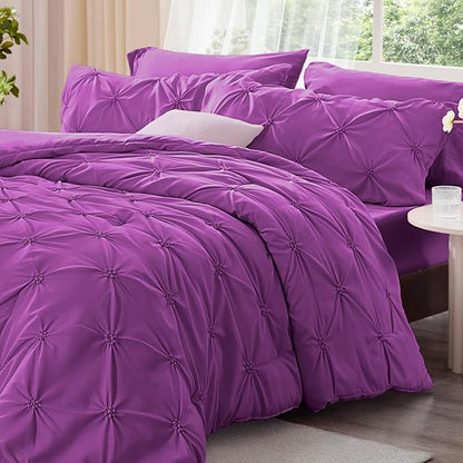 BEDELITE Purple Queen Comforter Set - 3 Pieces Boho Pintuck Bedding Comforter Sets, Lightweight Soft & Warm Bed Comforter Queen with 2 Pillowcases for All Season