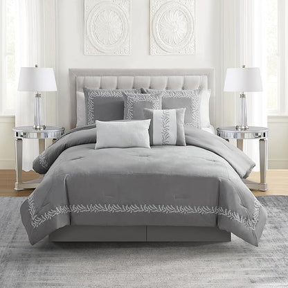 Queen Comforter Set 7-Piece Embroidered Faux Suede Bedding – Soft, Elegant & Complete Bedding Set with 1 Comforter, 2 Pillow Shams, 1 Bed Skirt, and 3 Decorative Throw Pillows, Queen, Gray
